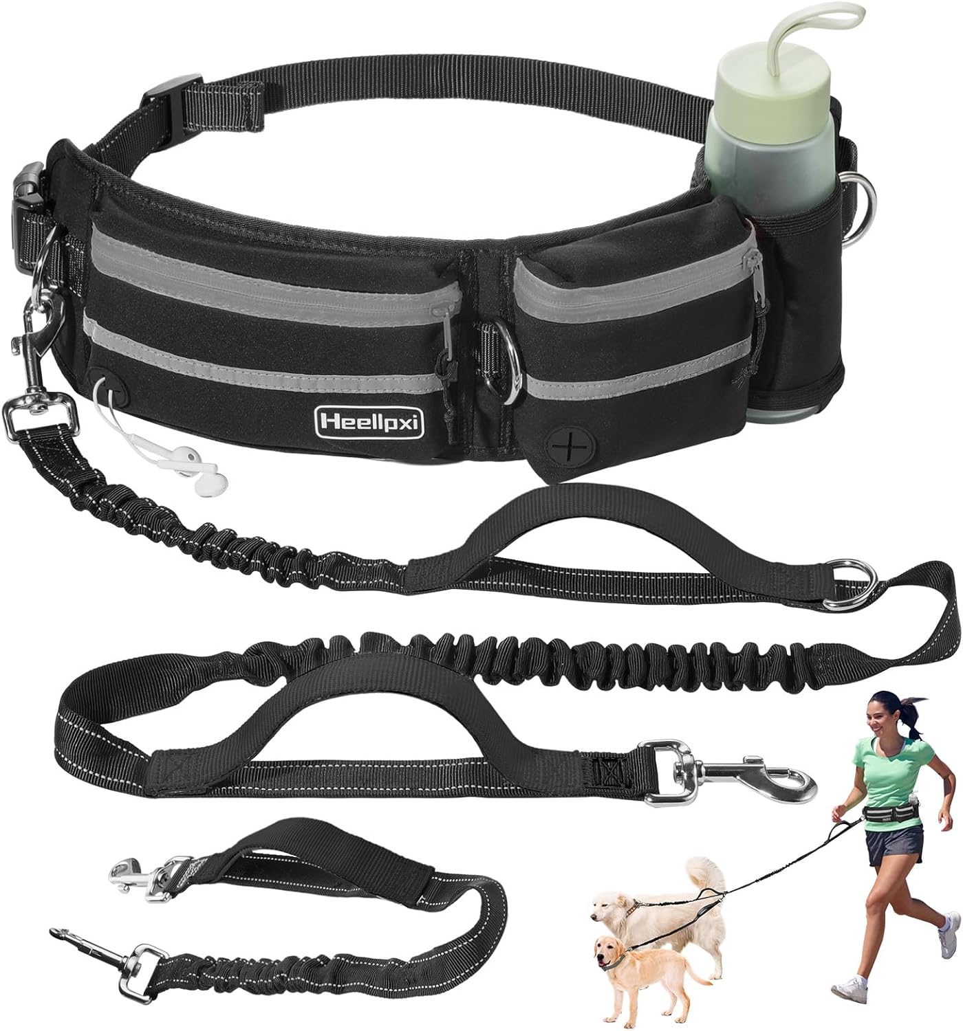 Hands-Free Waist Leash with Pouch for Two Dogs: Reflective Stitching, Dual Handle & Bungee Retractable Design – Ideal for Medium to Large Dogs (Grey) – Dog Walking Accessories