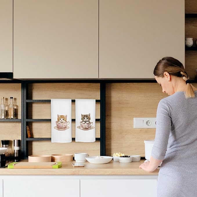 Vintage Floral Cats Kitchen Dish Towels 16x24 Inch Set of 2, Cat Tea Cup Gift for Cat Lover, Cute Pet Dish Towel, Flower Decorative Hand Tea Towels for Bathroom Cooking