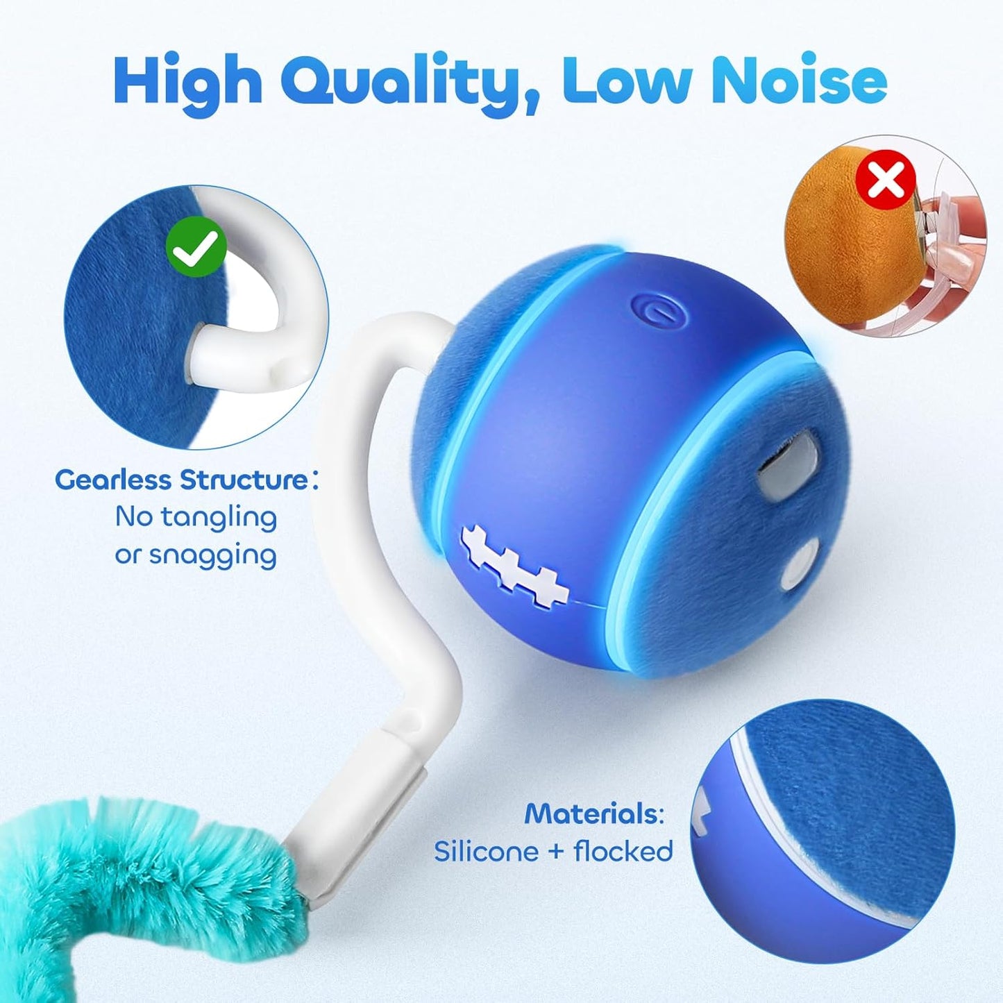 Interactive Cat Toy Ball, Automatic Cat Toys for Indoor Cats, Motion Activated Kitten Toys with 2 Replacement Tails, 3 Modes, USB Rechargeable, Moving Cat Toys for Enrichment Exercise(Blue)