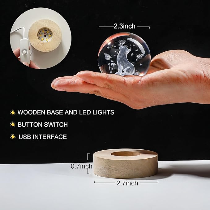 YU FENG 3D Carved Cat Crystal Ball with Luminous Base for Cat Lovers 2.36 Inches