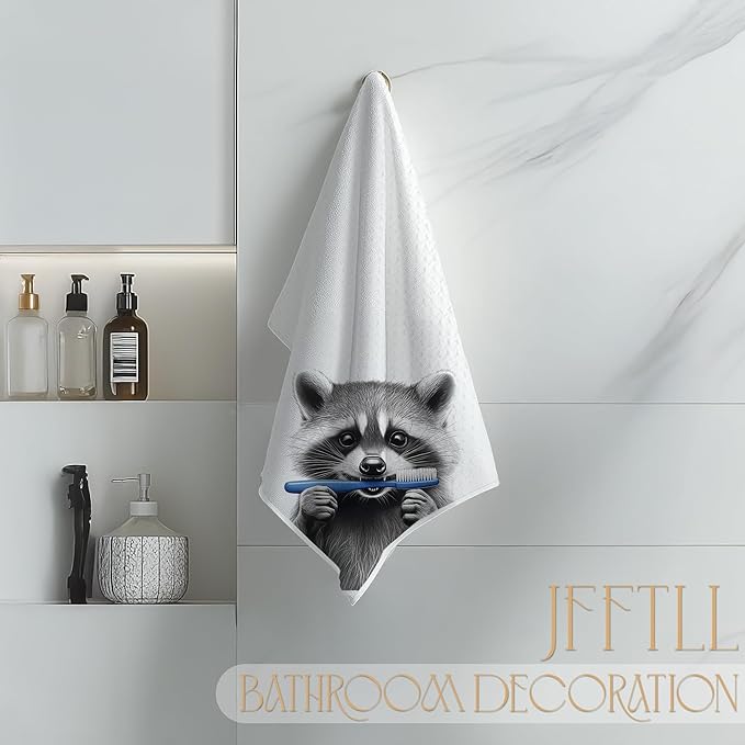 Funny Toothbrush Raccoon Bathroom Hand Towels, Raccoons Gifts Decorative Towels for Bathroom Washroom Restroom Decor, Kids Hand Towels, Gifts for Raccoon Lovers Women Men, 16x24 Inch