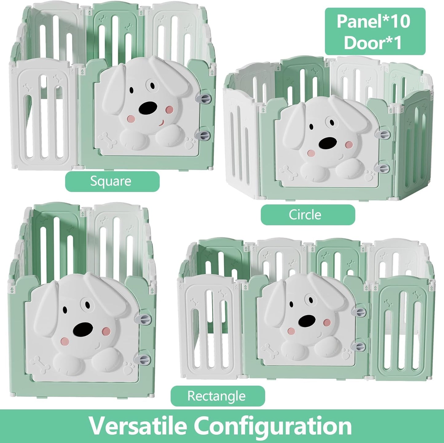 Foldable Dog Play Pen Indoors, Non-Slip Sturdy Puppy Playpen with Door, 25.5" H 10-Panel Adjustable Shape Dog Fence Pen for Small/Medium Dogs, Thickened, Easy to Store, White+Green