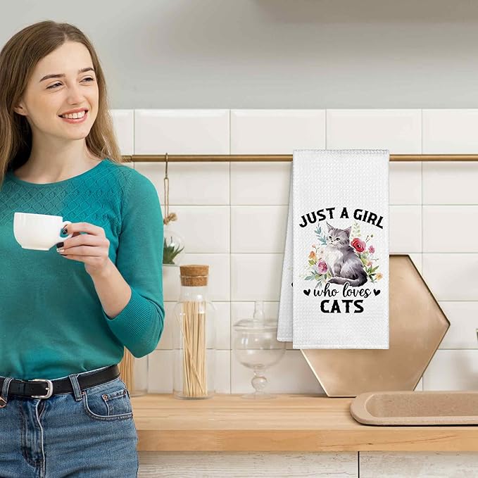 Just a Girl Who Loves Cats Kitchen Towels Decorative Gifts for Cat Lovers Women 16x24, Cat Dish Towel Cloths Dishcloths Tea Towel, Cat Bathroom Kitchen Hand Towel Decor