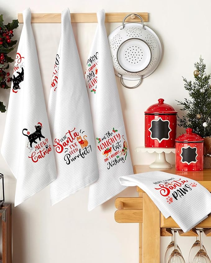 Vansolinne Cat Christmas Kitchen Towels - Decorative Holiday Dish Towels, Meowy Catmas Home Decor, Funny Naughty Kitty Housewarming Gifts for Mom and Cat Lovers
