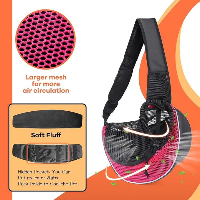 YUDODO Pet Sling Carrier for Small Dogs & Cats – Hands-Free Puppy Carrier with Safety Hook, Large Zipper Pocket, Soft Breathable Mesh, Adjustable Strap & Reflective Strip (Pink 3.0 S)