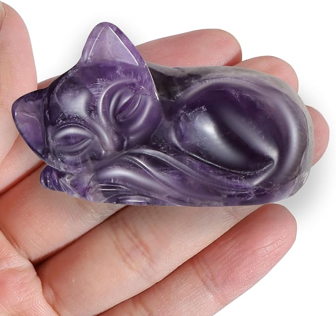 2" Sleeping Cat Statue Healing Crystals Hand Carved Cute Kitten Figurine, Worry Stone for Anxiety relif Home Desk Decor Animal Figurine
