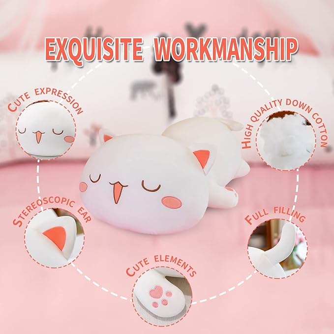FUYU Cat Stuffed Animals, Soft Cat Plush Pillow Kawaii Kitten Stuffed Animal Toy Gifts for Kids Boys Girls Room Decor (White Squinted Eyes,27in/67cm)