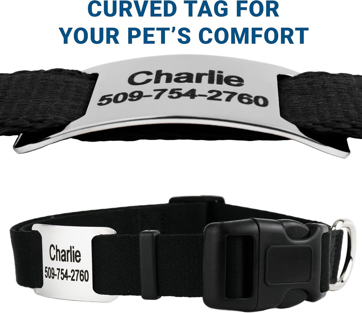GoTags Personalized Dog Collar with Nameplate, Adjustable Dog Collar with Custom Engraved Slide On Pet ID Tag in Stainless Steel, Silent, No Noise Dog Tag for Large Medium and Small (Black, Small)