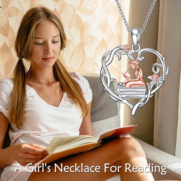 YFN 925 Sterling Silver Book Lover Necklace Reading Pendant for Women Graduation Gift Jewelry for Student Friends Classmate
