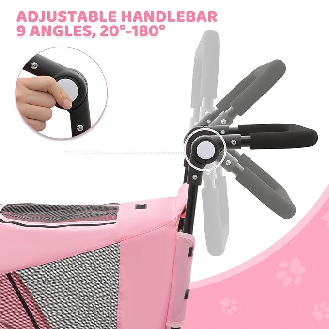 Magshion Pet Stroller for Medium Dogs w/Adjustable Handle, 3-Wheel Dog Cat Wagon w/Dual Entry, Rear Storage, Breathable Mesh, One-Foot Brake, Ideal for Large Pets up to 55 lbs, Pink