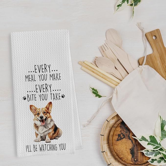 Funny Corgi Dish Towels Set - Waffle Weave Kitchen Hand Tea Towels for Bathroom, Decorative Gift for Corgi Lovers (1624 Inches, Set of 2)