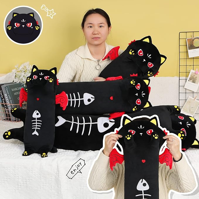 AIXINI Long Cat Plush Pillow Luminous Light Up Black Cat Stuffed Animals, Soft Kawaii Kitten Plushies Pillow Toy for Kids (Luminous,27.5inch)