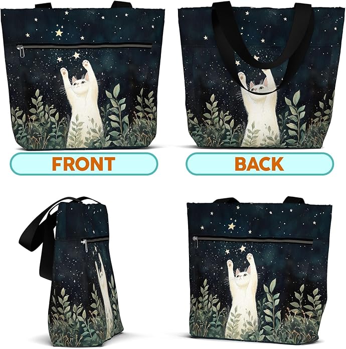 Waterproof Tote Bag with Pockets and Zipper for Work. Shoulder Bag for Women. Gift for Cat Lover Cat Owner.