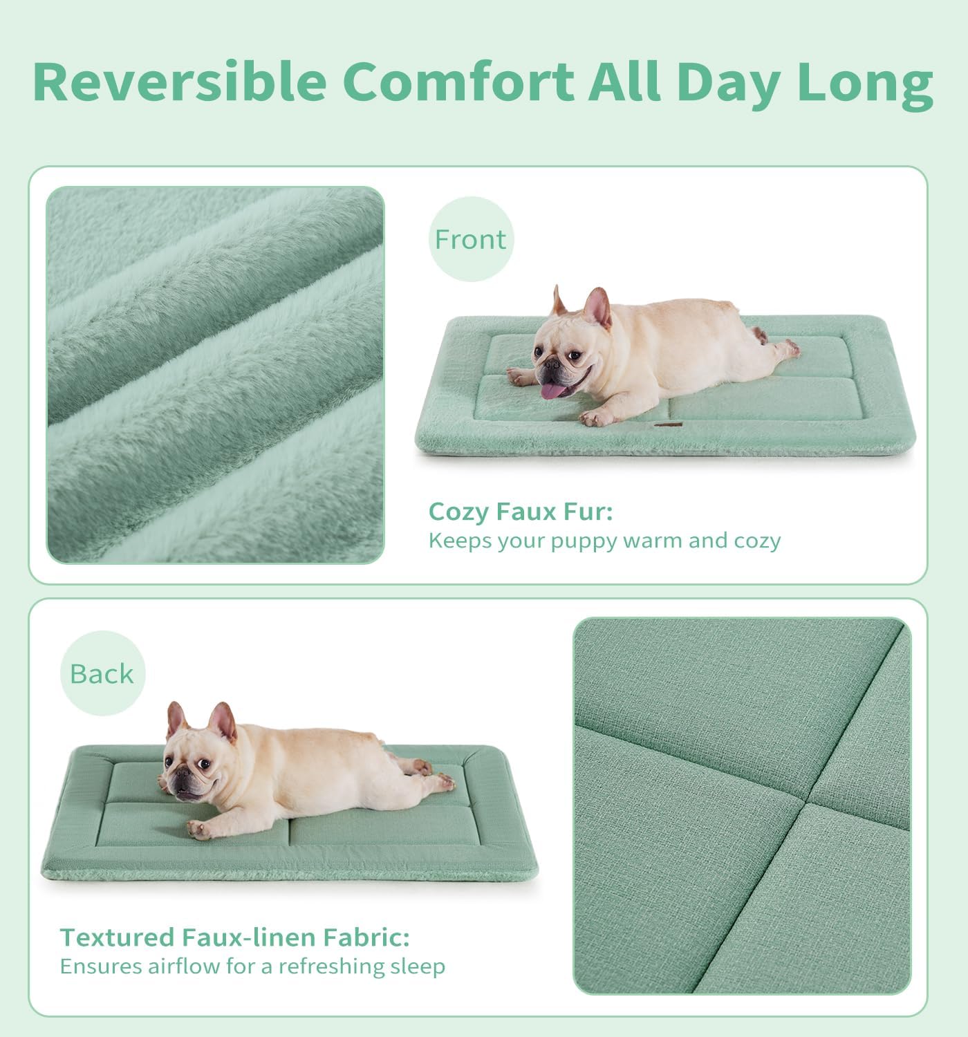 Made4Pets Dog Crate Pad Bed for Medium Large Dogs, Washable & Reversible, Anti-Slip Kennel Mat for Cozy Sleeping, Soft Fluffy Dog Bed for Indoor & Outdoor Use, 35"x23", Green