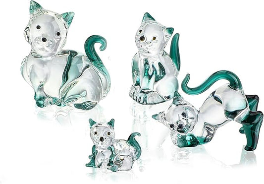 HDCRYSTALGIFTS Blown Glass Cat Figurines Collectibles Pack of 4 Emerald Green Crystal Kitty Animal Statue Kitten Sculpture for Home Decor Gift for Mom