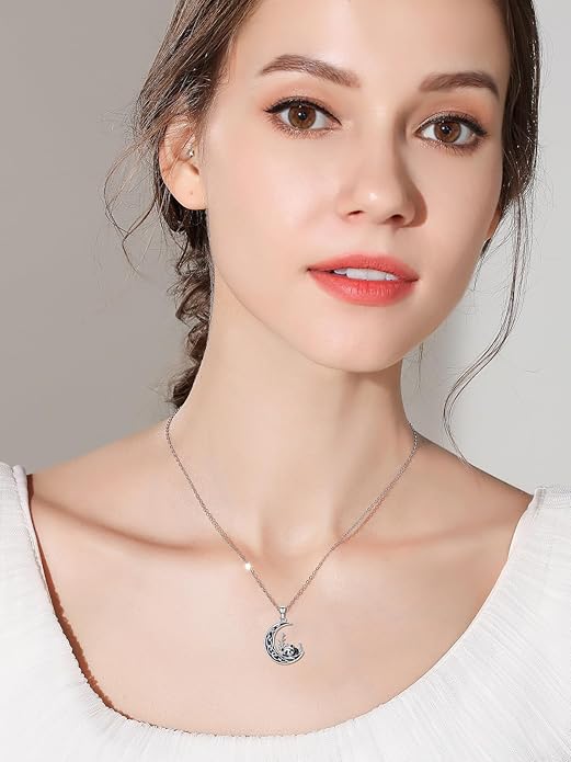 Fox/Cat/Axolotl/Sloth/Panda Necklace Crescent Moon Necklace 925 Sterling Silver Cute Animal Jewelry as Birthday Mothers Day Gifts for Women