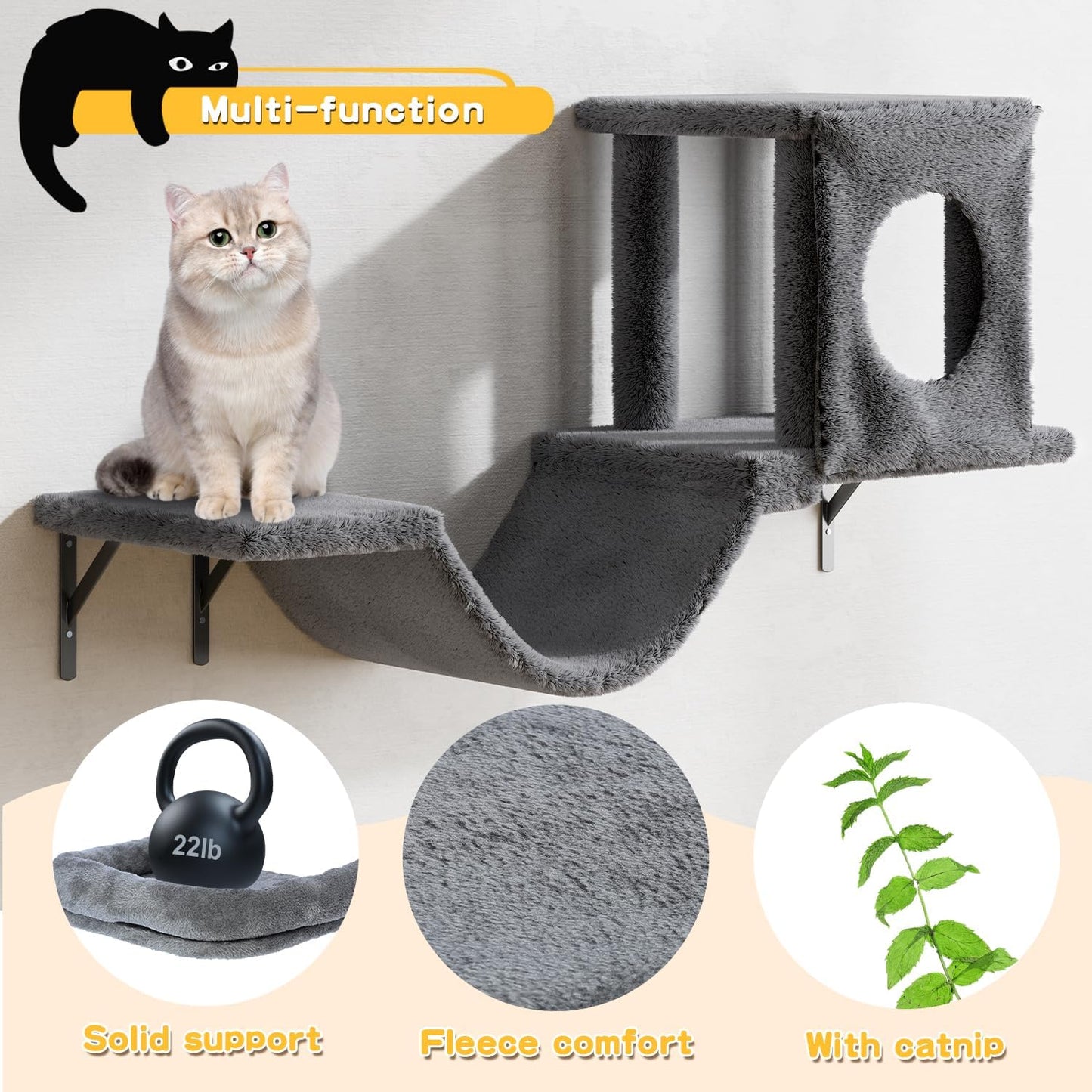 NUNU LAB Cat Wall Shelves, 6 Pcs Luxury Wall-Mounted Cat Climber Set, Indoor Cat Furniture with 1 Condos House, 2 Cat Wall Shelves, 1 Scratching, 1 Bridge Ladder, 1 Scratching Pad, Dark Gray