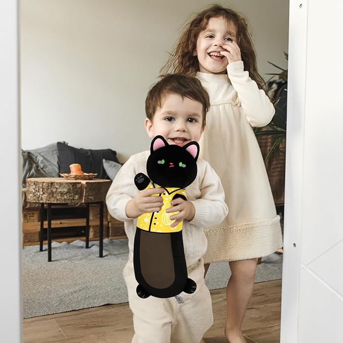 Long Cat Plush Pillow, Cat Stuffed Animals, Big Cat Throw Pillow, Black Sleeping Cat Doll Large Kitty Plush Pillow, Soft Plush Cat-Shaped Cushion for Kids and Cat Lovers, 20"