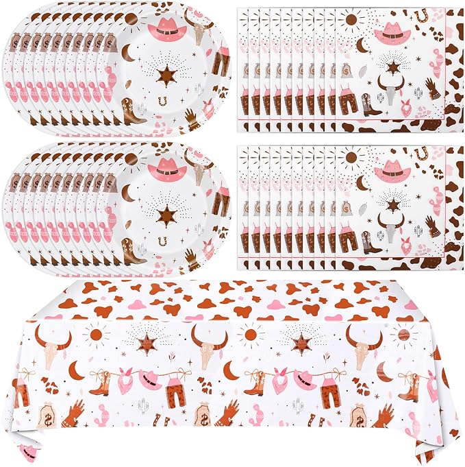 Western Cowgirl Birthday Party Supplies - Wild West Theme Decoration Tableware Include 20 Plates, Napkins and Tablecloth (Serve 20)