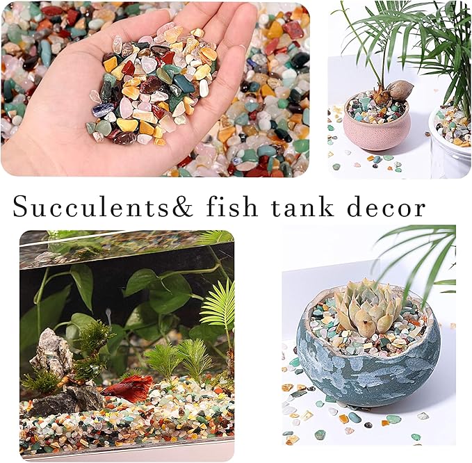 Mixed Crushed Crystal Chips Bulk 2lbs 2400+Pcs Assorted Tumbled Stone Chips Natural Polished Mixed Chakra Aquarium Gravel Rocks for Plants Terrarium Supplies Fish Tank Gravel Pebbles Vase Filler