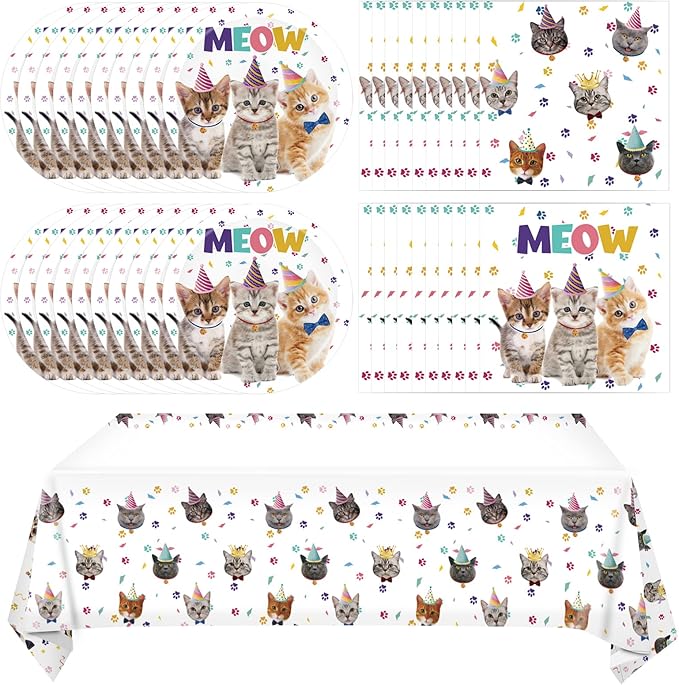 41Pcs Cat Theme Party Supplies - Kitten Birthday Party Decorations Include 20 Paper Plates, 20 Napkins and 1 Tablecloth