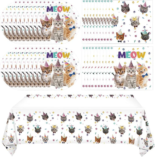 41Pcs Cat Theme Party Supplies - Kitten Birthday Party Decorations Include 20 Paper Plates, 20 Napkins and 1 Tablecloth