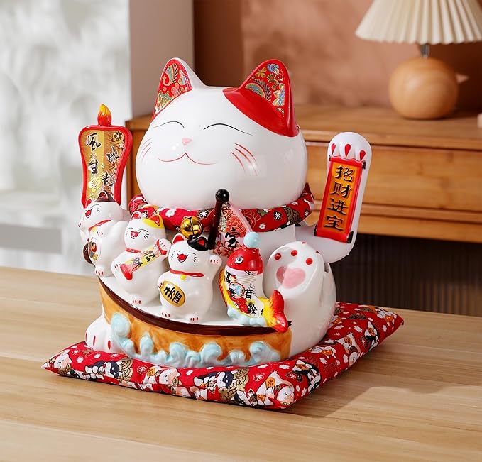 Large Ceramic Maneki Neko Beckoning Lucky Money Cat Waving Arm Good Feng Shui Fortune Happy Smiling Cat Figure 特大招財貓- 生意兴隆