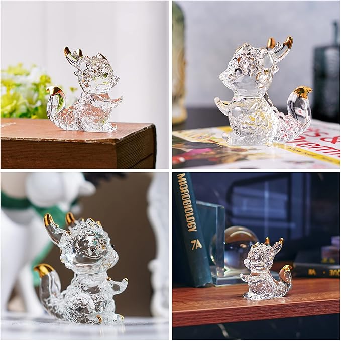 HDCRYSTALGIFTS 3inch Crystal Dragon Figurine Collectibles Art Glass Animal Ornament Decoration for Office Table Home Bedroom