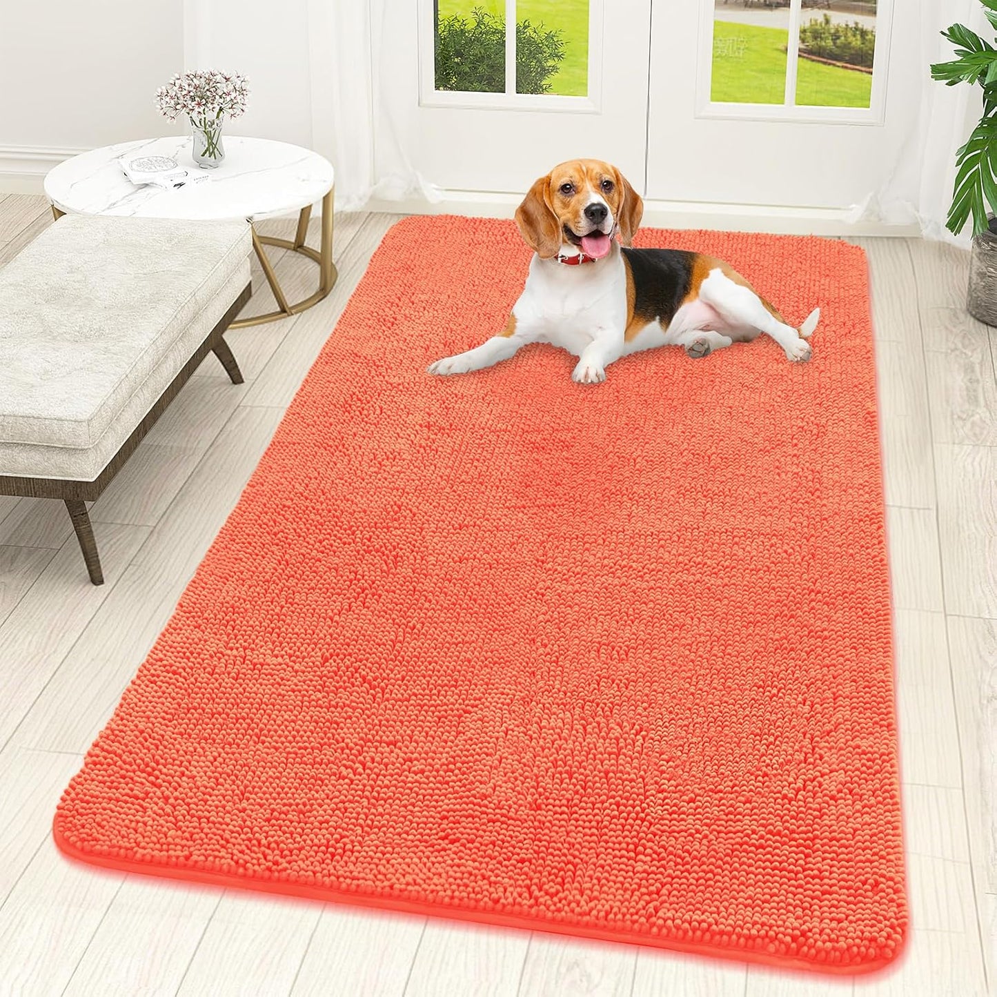 OLANLY Dog Door Mat for Muddy Paws 59x32, Absorbs Moisture and Dirt, Absorbent Non-Slip Washable Doormat, Quick Dry Chenille Mud Mat for Dogs, Entry Indoor Entryway Carpet for Inside Floor, Coral