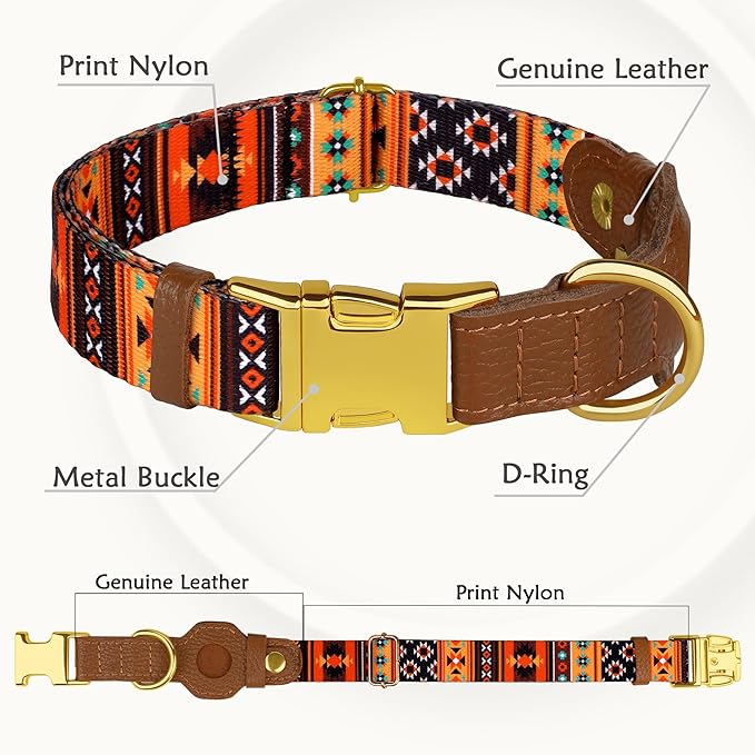 AirTag Dog Collar for Small Medium Large Breed - Adjustable Cute Pattern Dog Collar with Airtag Holder - Soft Leather Tracker GPS Apple Air Tag Pet Collars (Medium, 14"-18" Neck Fit, Western)