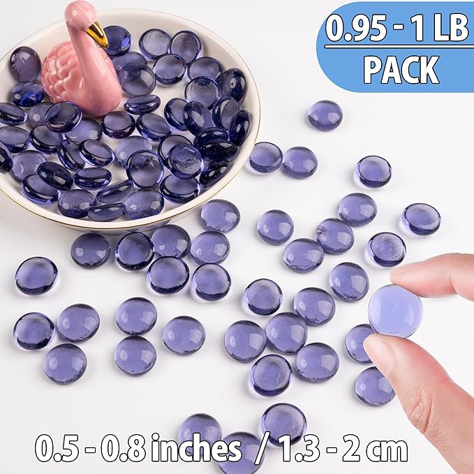 Purple Glass Marbles, 0.97 LB Transparent and Smooth Flat Glass Beads for Vases, Mosaic Gem Pebbles for Aquarium Decor, Floral Arrangements, Mancala Stones, Vase Filler and Crafts (Approx. 80-100 PCS)