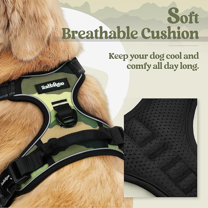 rabbitgoo Dog Harness No Pull with 2 Leash Clips, Adjustable Soft Padded, Reflective Oxford No Choke Pet Vest with Easy Control Handle for Large Dogs, Green Mountain,S