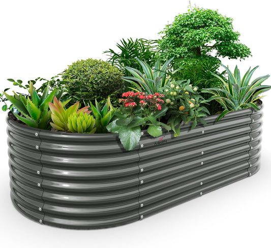 A ANLEOLIFE 8x4x2ft Galvanized Raised Garden Bed Kit, Oval Metal Deep Root Planters for Outdoor Plants Vegetables Flowers Herb, Large Bottomless, 478 Gallon Capacity- Quartz Grey