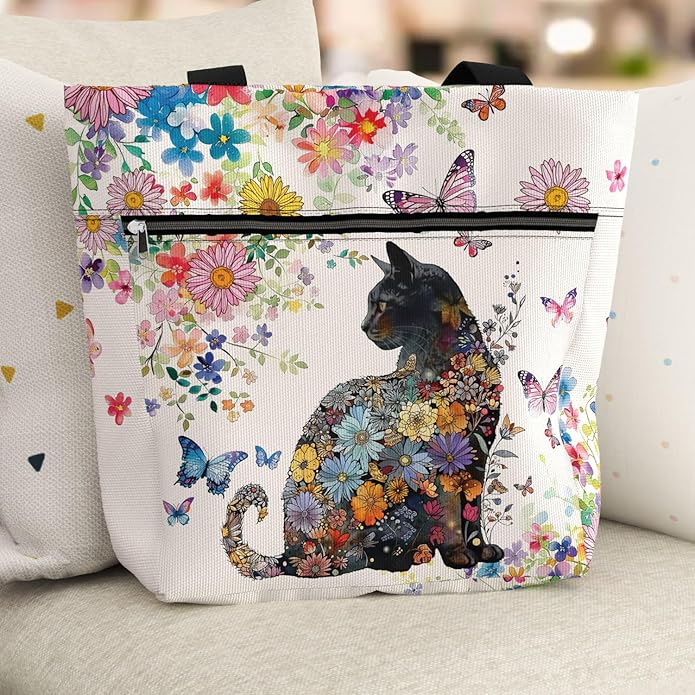 Waterproof Tote Bag with Pockets and Zipper for Work. Shoulder Bag for Women. Gift for Cat Lover Cat Owner.