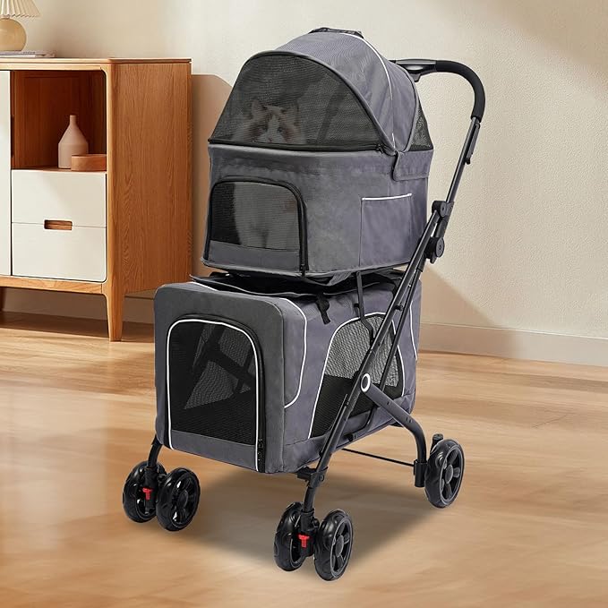 2 Tiers Pet Stroller,4 Wheel Dog Stroller Cat Strollers,3.07lbs Pet Gear Foldable Jogger Travel Cart,Grey Cat Carrying Cart with Storage Basket for Small Medium Pet (Grey)