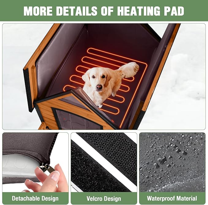 Heated Dog House Outdoor with Insulated Liner in Winter, Weatherproof Puppy Kennel with Anti-Chewing Metal Frame, Dog Shelter for Large, Medium and Small Dogs (Brown, 50.9'' Large)