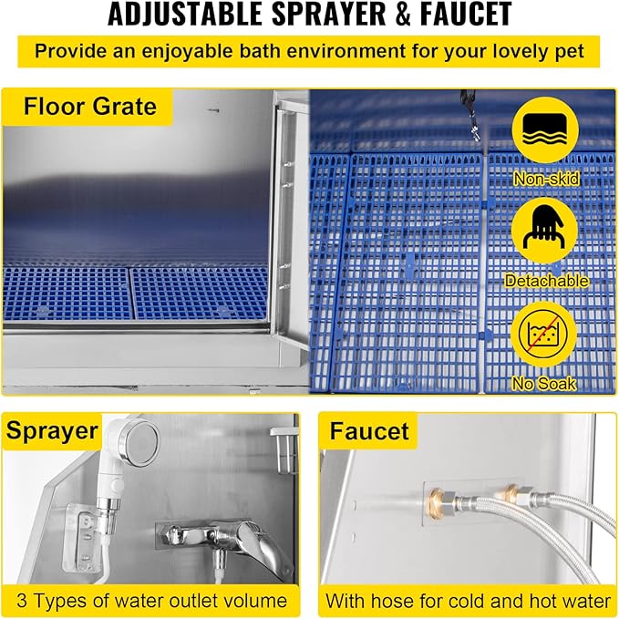 VEVOR Dog Grooming Tub, 62" L Pet Wash Station, 304 Stainless Steel Pet Grooming Tub Rated 661LBS Load Capacity, Non-Skid Dog Washing Station Comes with Ramp, Faucet, Sprayer and Drain Kit