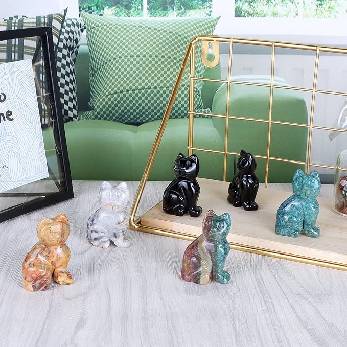 2" Black Obsidian Crystal Cat Figurine Cat Sculpture Kitten Carving Animal Healing Crystals Gemstone Collectibles Home Art Decor