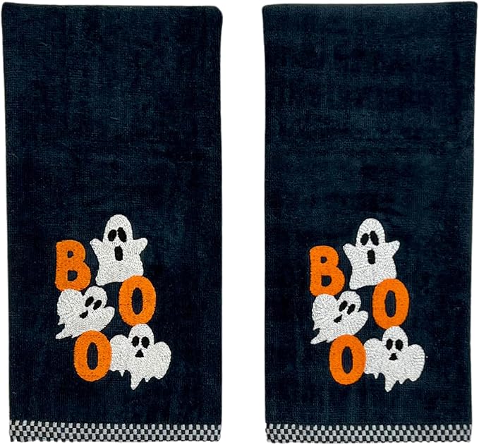 Halloween Bathroom Hand Towels, Embroidered Ghosts, Boo Design, Set of 2, Black 16 x 25 inches