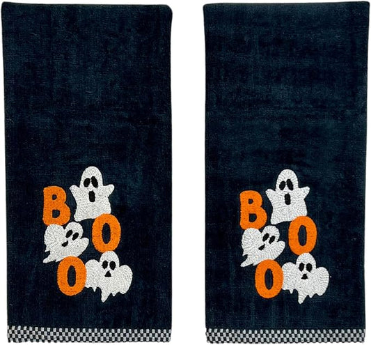 Halloween Bathroom Hand Towels, Embroidered Ghosts, Boo Design, Set of 2, Black 16 x 25 inches