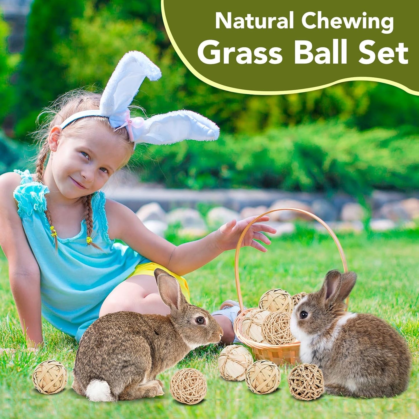 8 Pack Small Pet Chew Toys - 7cm Natural Woven Balls for Rabbits, Guinea Pigs, Hamsters (2 Seagrass, 2 Rattan, 2 Corn Husk, 2 Seaweed Rope) - Safe Dental Grinding Toys