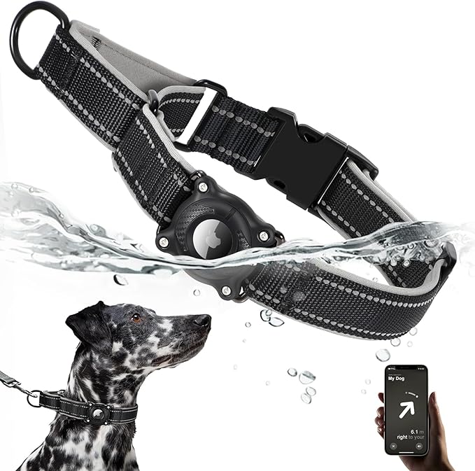 Airtag Dog Collar with Martingale Design, IP68 Waterproof Air Tag Collar Holder, Adjustable Reflective Soft Padded Nylon Dog Collar for Large Medium Small Dogs
