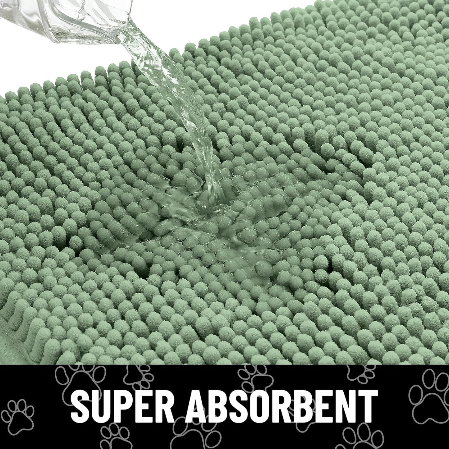 Smiry Dog Door Mat for Muddy Paws, Absorbent Dirt Trapper Non Slip Quick Dry Washable Chenille Mat for Mud Dogs, Entry Rug for Indoor and Outdoor (36x24 Inches, Olive Green and White)