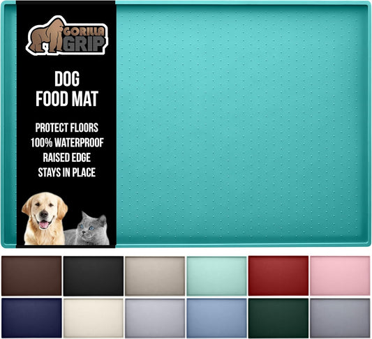 GORILLA GRIP 100% Waterproof Raised Edge BPA Free Silicone Pet Feeding Mat, Dog Cat Food Mats Contain Spills Protects Floors, Placemats for Cats and Dogs Water Bowl, Pets Accessories 28x18 Turquoise