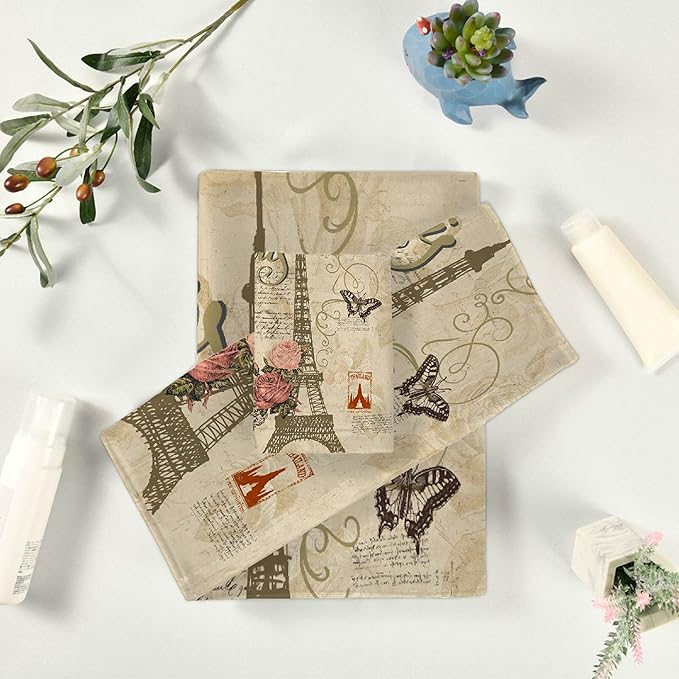 Vintage Paris Butterfly Eiffel Tower 3-Piece Bath Towel Set, Soft Absorbent Cotton, Fast Dry Home Family