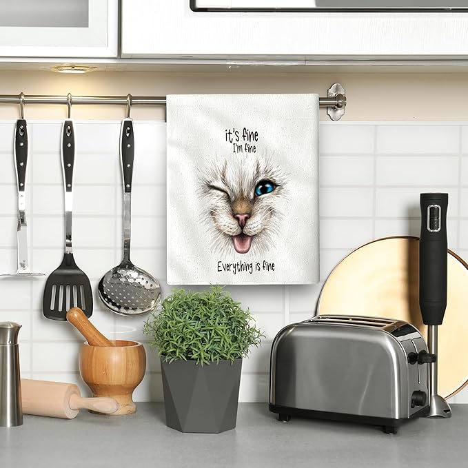 Funny Cat Kitchen Towels Decorative Set of 2, Soft Absorbent Cute Dish Towels for Kitchen Drying, Bar Tea Hand Towels Bathroom Farmhouse Decor Gifts for Cat Lovers 16"x24"