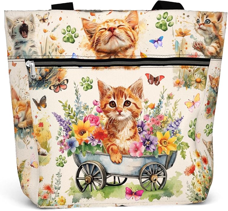 Waterproof Tote Bag with Pockets and Zipper for Work. Shoulder Bag for Women. Gift for Cat Lover Cat Owner.