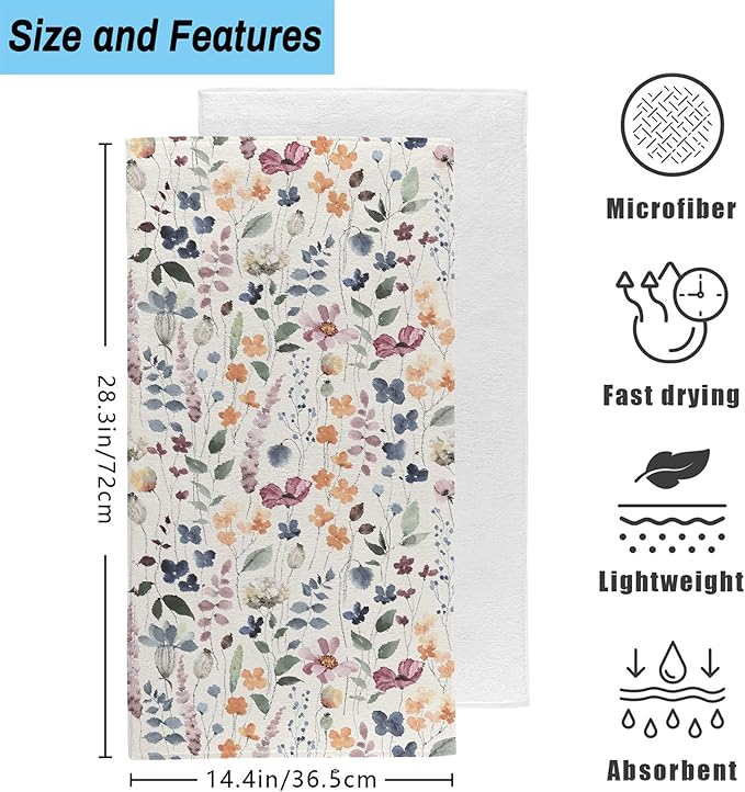 Watercolor Flowers Bathroom Hand Towel Set of 2,Vintage Botanical Floral Leaves Fingertip Kitchen Hand Towel,Soft Absorbent Decorative for Hotel Gym Yoga Home Decor