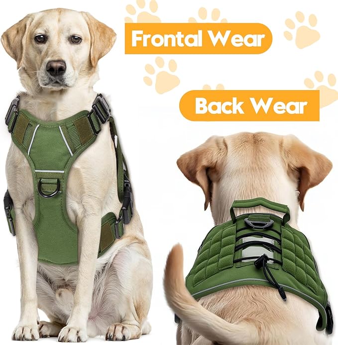 Heavy-Duty Tactical Dog Harness for Large Dogs, No Pull Adjustable Reflective Pet Vest with Molle System, K9 Military-Grade Control for Service Training, Outdoor & 10+ Breeds, Green, X-Large