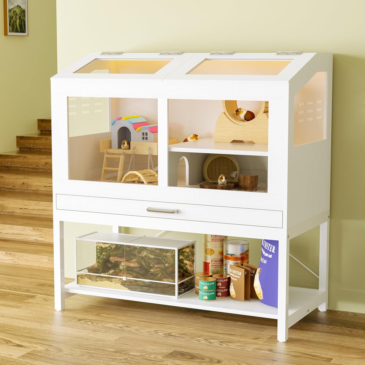 Hamster Cage with Storage Cabinet, Guinea Pig Cage for Small Animals, Large Hamster Cage and Habitat with Easy View Acrylic Panels and Pull Out Drawer for Hamster, Rabbit, Hedgehog, Easy to Clean